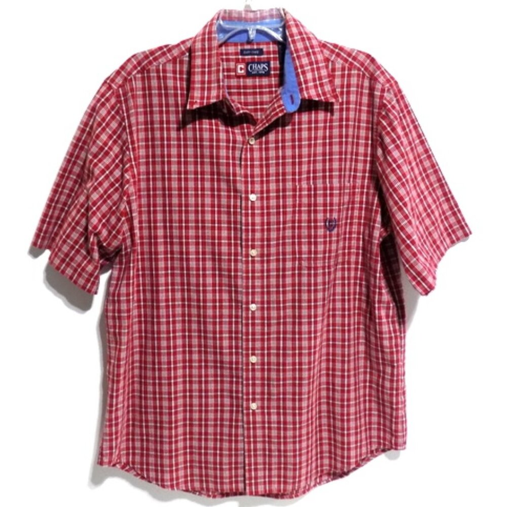 Chaps Men's Easy Care, Red & White Plaid, Short Sleeve, Button-Down Shirt –Large